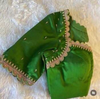 Hand Embroidered Green Silk Saree Blouse: Zardosi Maggam