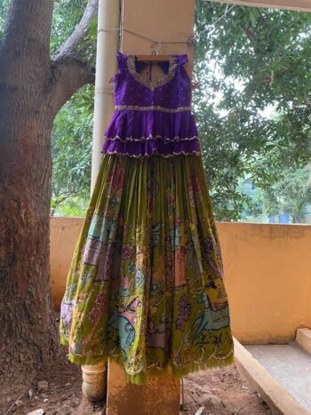 Hand-Painted Kalamkari Lehenga Set: Purple Crop Top, Silk