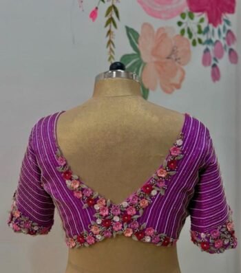 Purple Silk Saree Blouse: Floral 3D Hand Embroidery,