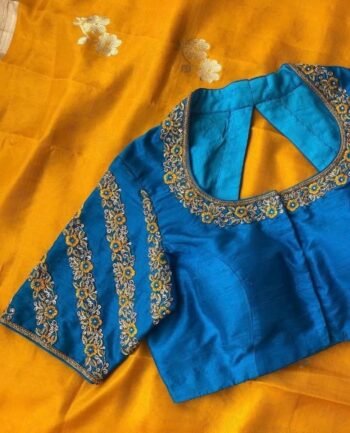 Hand Embroidered Raw Silk Blouse: Blue Zardosi Maggam