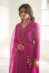 Hand Embroidered Chanderi Anarkali Suit: Pink Wrap Kurta