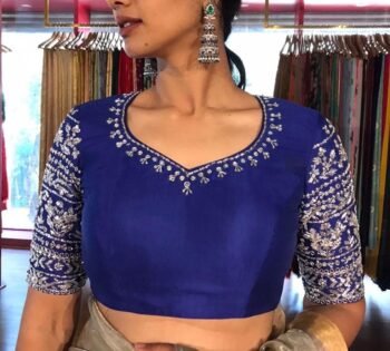Navy blue silk hand embroidery blouse