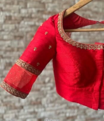 Hand Embroidered Red Silk Saree Blouse: Zardosi Maggam