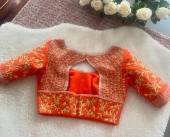 Hand Embroidered Orange Silk Saree Blouse: Zardosi Maggam