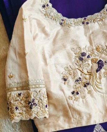 Hand Embroidered Zardosi Blouse: Cream Raw Silk Saree