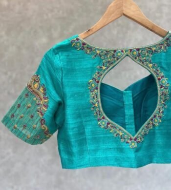Hand Embroidered Silk Saree Blouse: Turquoise Blue Zardosi