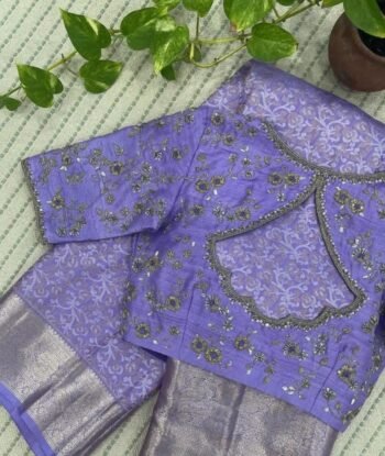 Lavender Hand Embroidered Saree Blouse: Raw Silk Zardosi