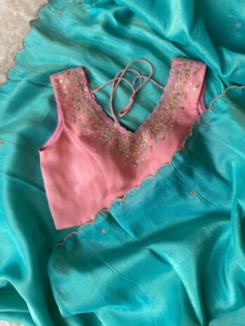 Blue tissue silk saree with hand embroidered blouse