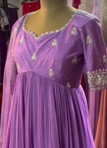 Hand Embroidered Lavender Anarkali Dress: Pure Silk Indian