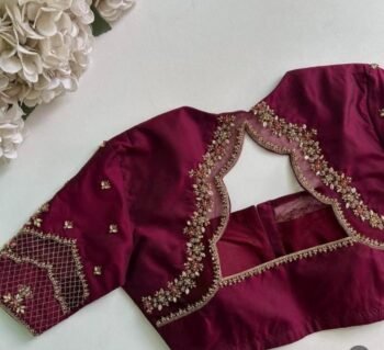 Hand Embroidered Silk Saree Blouse: Plum Zardosi Maggam