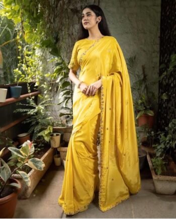 Yellow Crepe Silk Saree: Hand Embroidered Blouse, Haldi