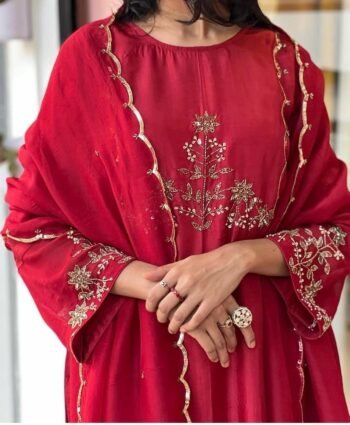 Hand Embroidered Red Kurta Pyjama with Chanderi Dupatta