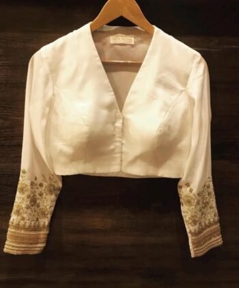 Hand Embroidered Cream Silk Saree Blouse: Zardosi Maggam