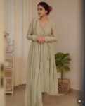 Hand Embroidered Anarkali Kurta Set: Olive Green Chanderi