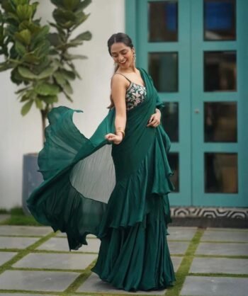 Green Ruffle Saree: Hand-Embroidered Sleeveless Blouse, Modern Lehenga