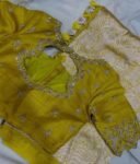 Pure Silk Hand Embroidered Saree Blouse: Yellow Zardosi