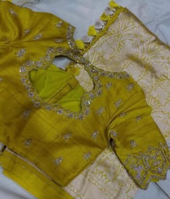 Pure Silk Hand Embroidered Saree Blouse: Yellow Zardosi