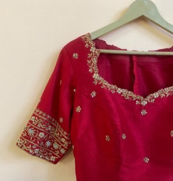 Red Silk Saree Blouse: Hand Embroidered Zardosi Maggam,