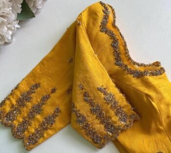 Pure Silk Hand Embroidered Blouse: Yellow Zardosi Maggam