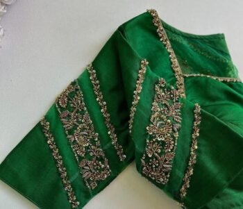 Green Silk Saree Blouse: Hand Embroidered Zardosi Crop