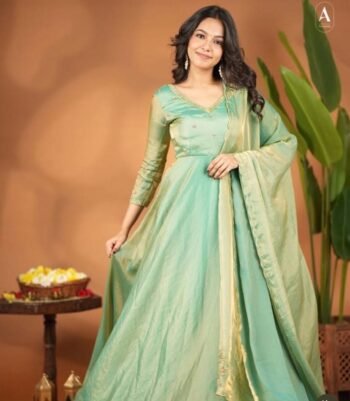 Hand embroidered green Tissue anarkali with dupatta