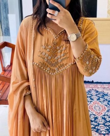 Hand Embroidered Anarkali Dress: Beige Orange Indian Suit