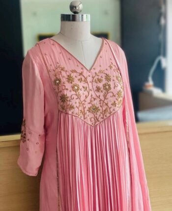 Hand Embroidered Pink Anarkali Dress with Dupatta: Indian