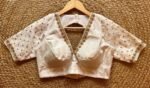 Hand Embroidered Cream Silk Saree Blouse: Zardosi Maggam