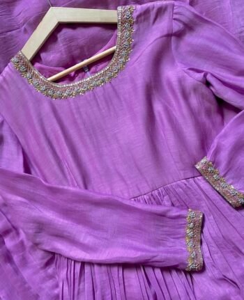 Lavender Anarkali Suit: Hand Embroidered Chanderi Silk Indian