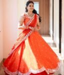 Orange Hand Embroidered Lehenga Set: Raw Silk Indian