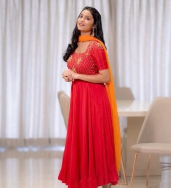 Hand Embroidered Red Silk Anarkali Dress with Orange