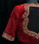 Red Velvet Saree Blouse: Hand Embroidered Zardosi Maggam