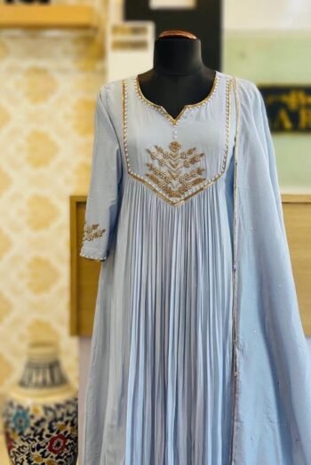Hand Embroidered Anarkali Dress: Ice Blue Indian Suit