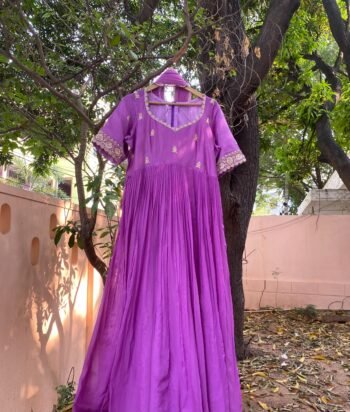 Hand Embroidered Lavender Anarkali Dress: Silk Indian Gown