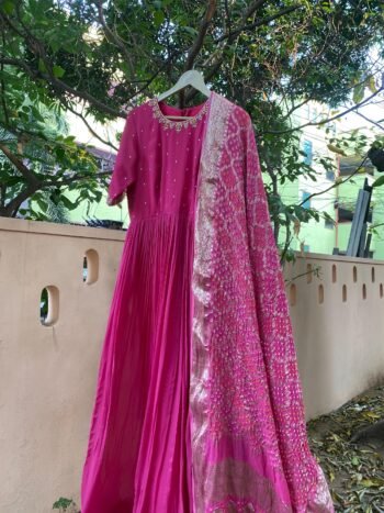Hand-Embroidered Pink Anarkali Suit: Banarasi Bandhani Dupatta