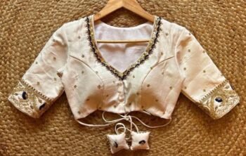 Cream Silk Saree Blouse: Hand Embroidered Zardosi Maggam