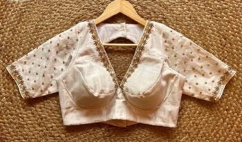 Hand Embroidered Silk Saree Blouse: Cream Zardosi Maggam