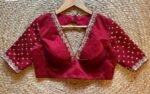 Hand Embroidered Silk Saree Blouse: Red Zardosi Maggam