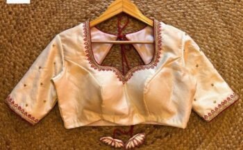 Cream Silk Saree Blouse: Hand Embroidered Zardosi Maggam,