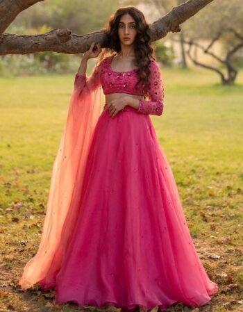 Hand Embroidered Pink Organza Lehenga Set: Indian Crop