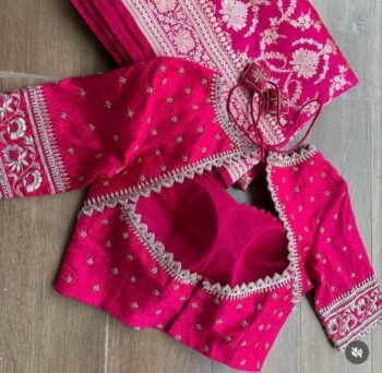 Hand Embroidered Silk Saree Blouse: Rani Pink Zardosi