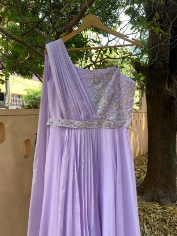 Lavender Draped Gown: Hand Embroidered Saree Dress