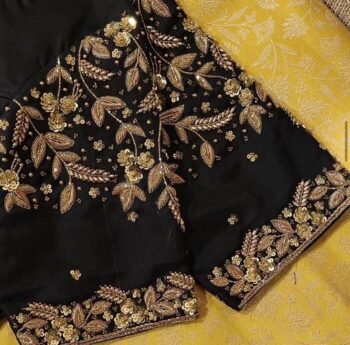 Hand Embroidered Zardosi Blouse: Black Raw Silk Saree