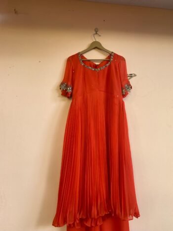Hand Embroidered Orange Anarkali Suit: Georgette Indian Kurta