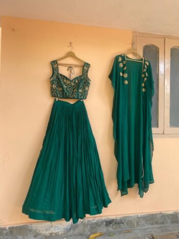 Green Lehenga Set: Hand Embroidered Silk Crop Top