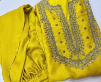 Hand Embroidered Haldi Kurta Pajama Set: Yellow Silk