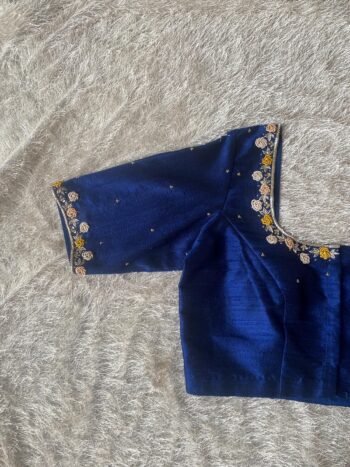 Navy Blue Silk Hand Embroidered Blouse: Zardosi Maggam