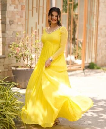 Lemon Yellow Georgette Anarkali Suit: Hand Embroidered Haldi