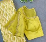 Hand Embroidered Zardosi Silk Blouse: Mustard Yellow Saree