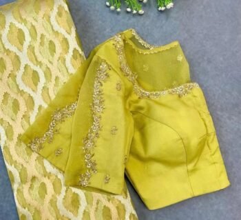 Hand Embroidered Zardosi Silk Blouse: Mustard Yellow Saree